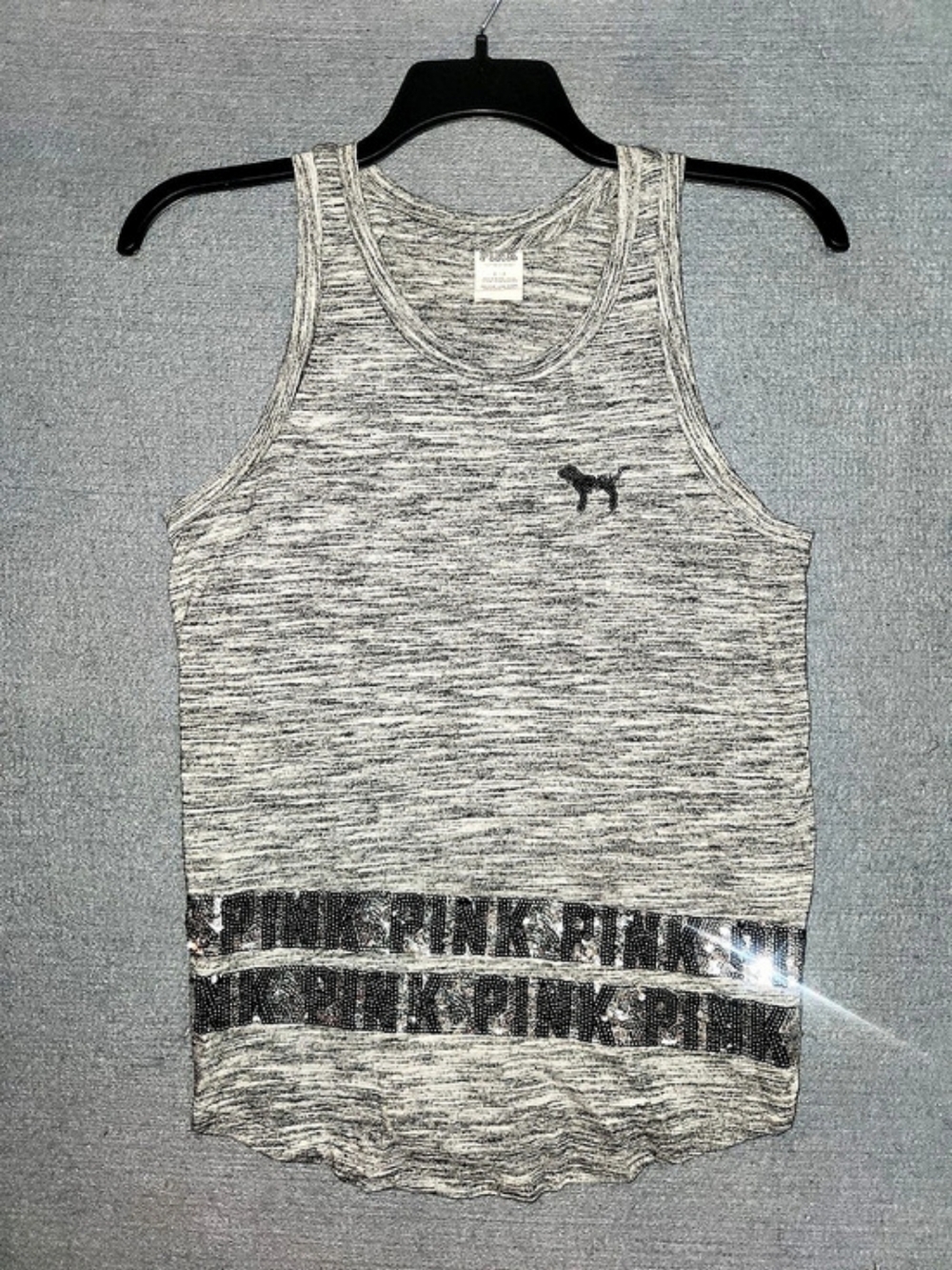 #490 PINK Gray Sparkly Sequin Trim Tank Top Size Small